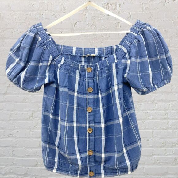Clockhouse Off Shoulder Top S Blue Plaid Puff Sleeve Button Front Boho - Picture 2 of 11